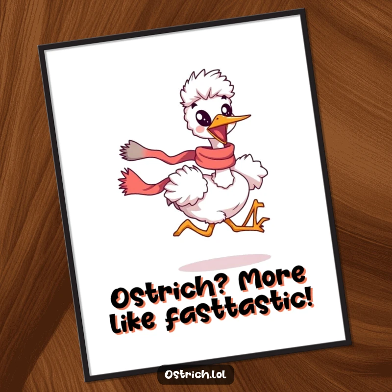 Funny free printable wall art of an ostrich character in a dynamic running pose with a flowing scarf, high-energy decoration.