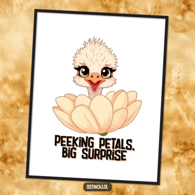 Funny Free Printable Wall Art: A surprised ostrich with wide eyes peeks over a giant flower, full of wonder.
