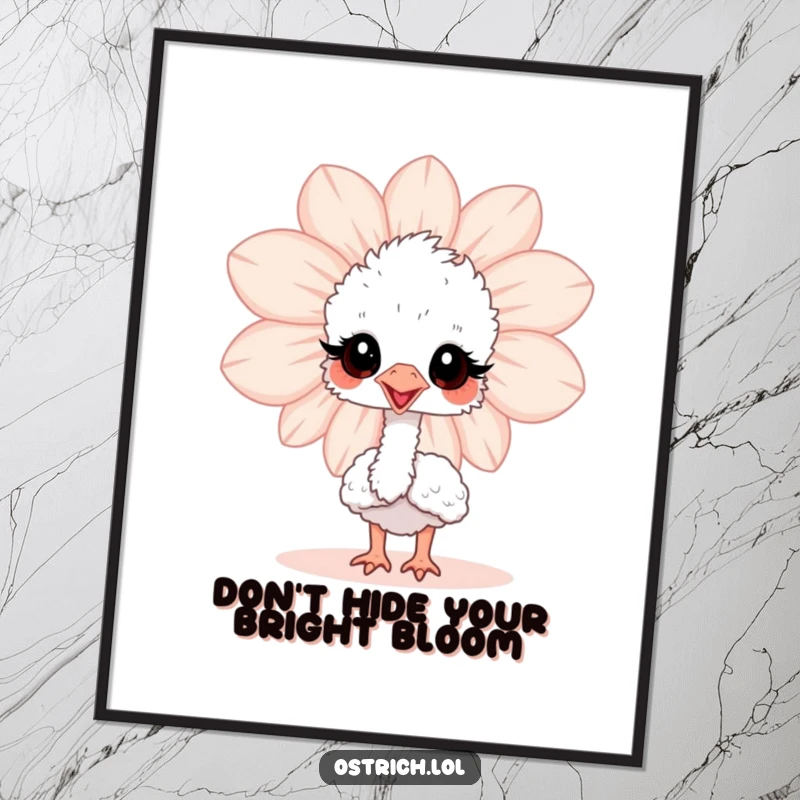 Funny Free Printable Wall Art: Adorable baby ostrich peeking comically from behind an exaggeratedly large flower.