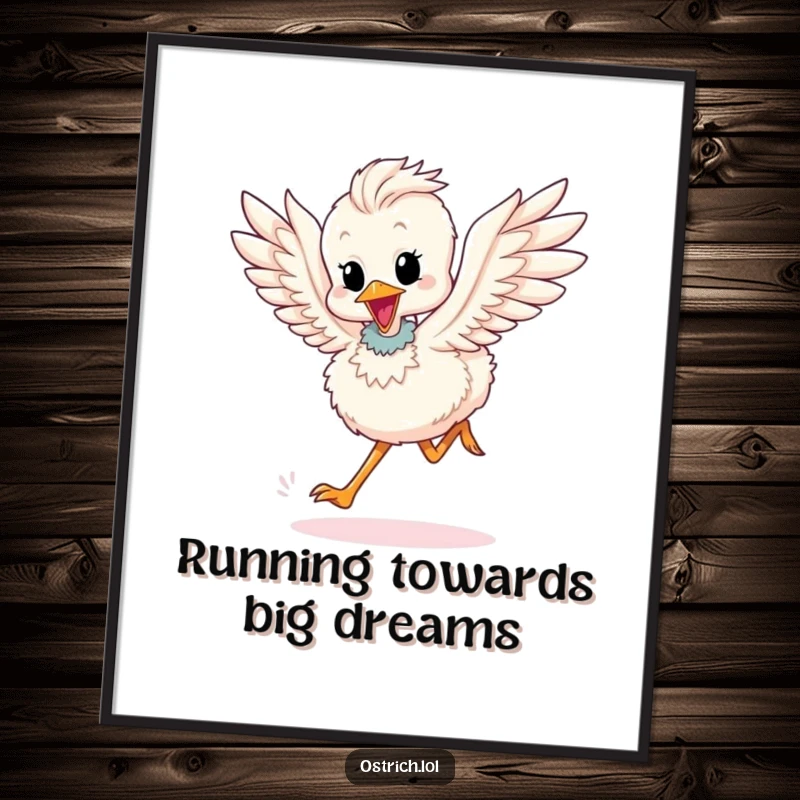 Funny Free Printable Wall Art: A cute ostrich chick wildly flapping wings while running with excitement.