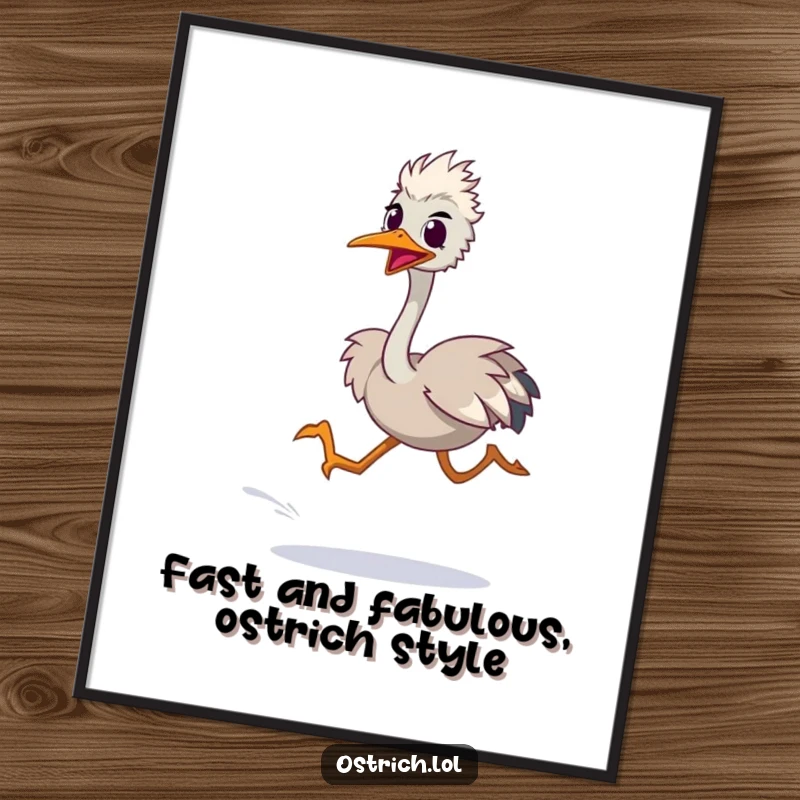 Funny Free Printable wall art of an energetic ostrich character in a comical, fast sprint with blurred legs.