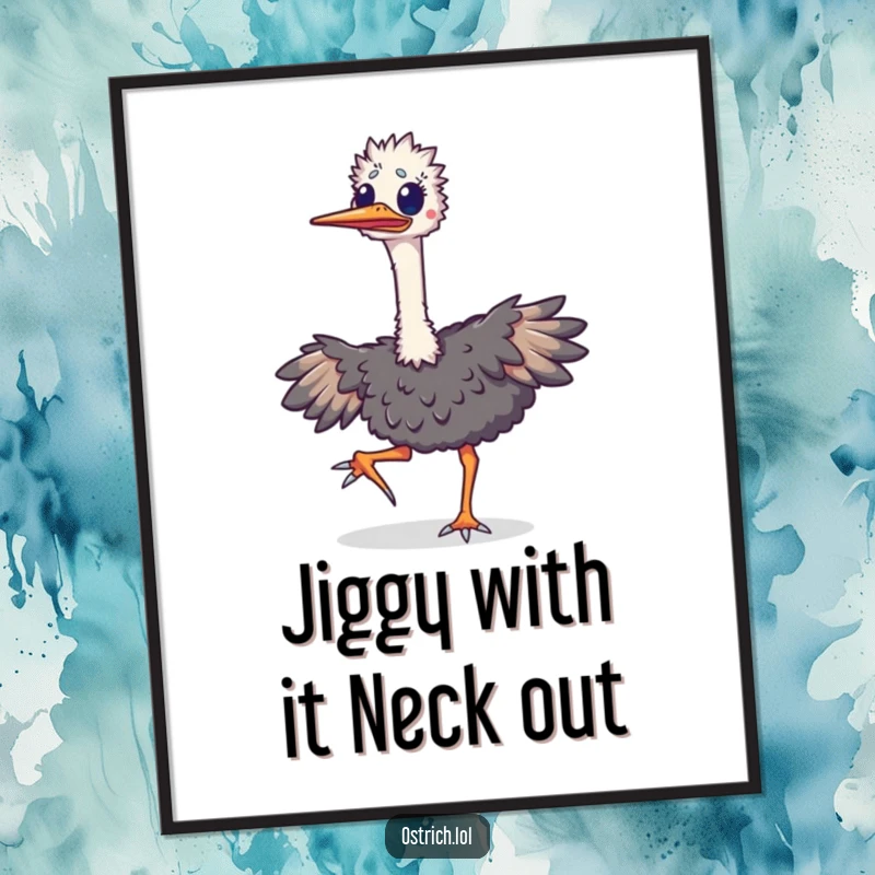 Funny Free Printable Wall Art of an excited ostrich doing a lively happy jig, its long neck swaying with joy.