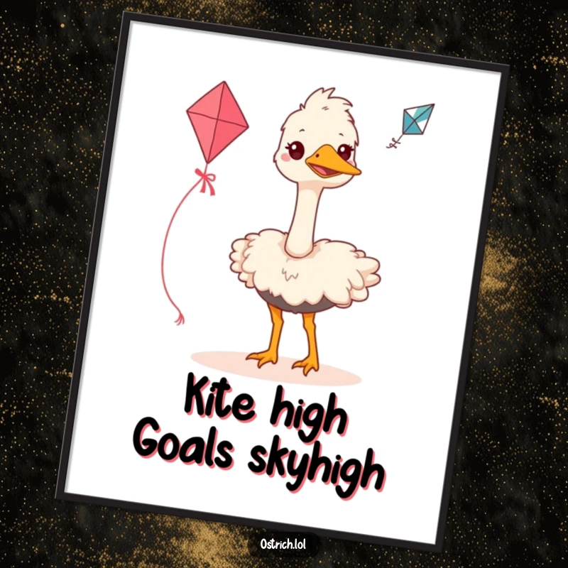 Funny Free Printable Wall Art of a grinning ostrich making a valiant effort to fly a small kite, capturing playful determination.