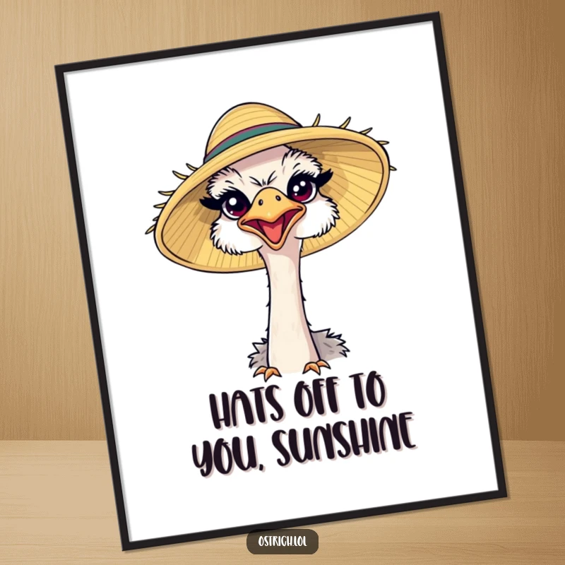 Funny Free Printable Wall Art: Ostrich in a comically large sun hat, squinting contentedly, radiating happiness.