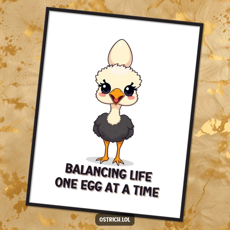 Funny Free Printable Wall Art: An ostrich confidently balances an egg on its head, creating a humorous and eye-catching piece of downloadable art.