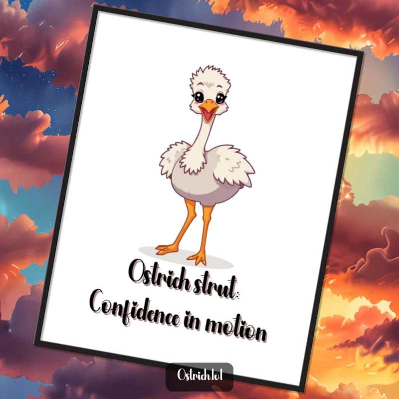 Funny Free Printable Wall Art: Cartoon ostrich character doing a confident, silly strut. Ideal humorous, downloadable decor for personality-filled rooms.