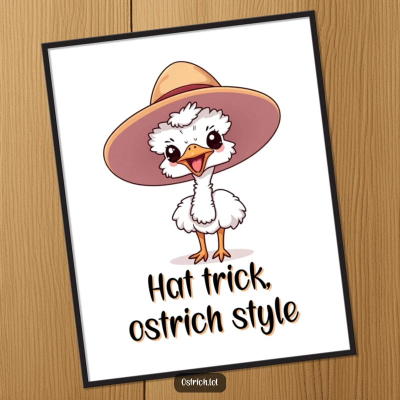 Funny Free Printable Wall Art: A cute ostrich joyfully sticks its head out from under a giant hat, full of personality.