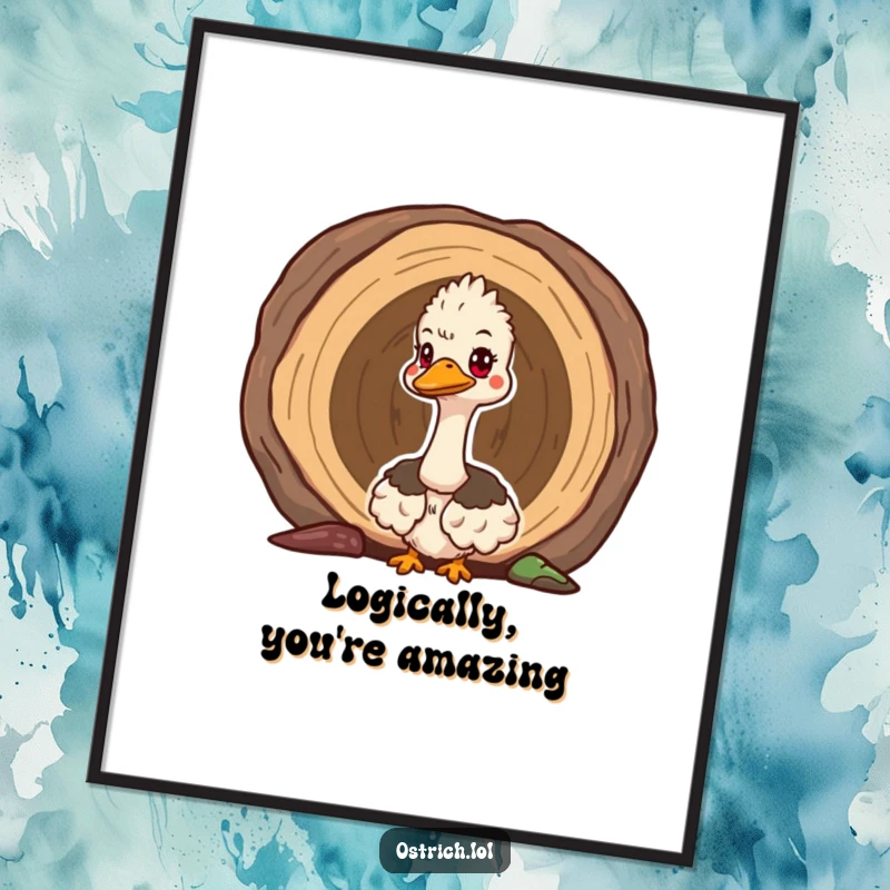 Funny Free Printable Wall Art: Cute ostrich head poking out of a hollow log, looking around curiously.