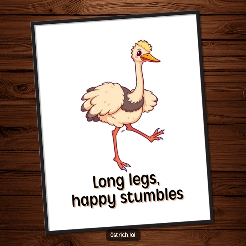 Funny Free Printable Wall Art: A comical ostrich happily trips and flails its long legs, creating a scene of pure amusement.