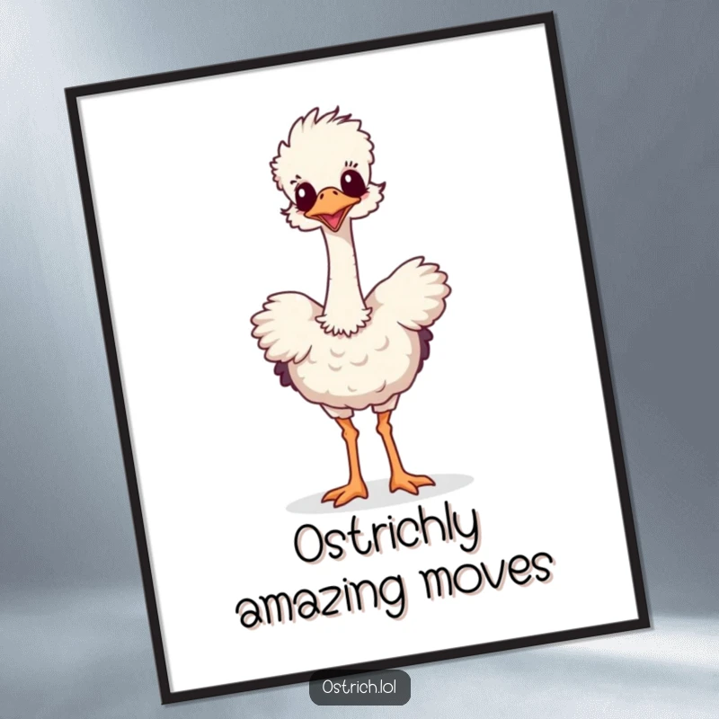 Funny Free Printable Wall Art depicting a comical ostrich doing a silly, long-necked dance.