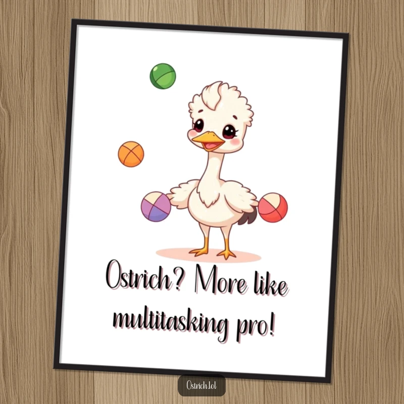 Funny free printable wall art of a cheerful ostrich character juggling three colorful balls, a delightful and fun decorative piece.