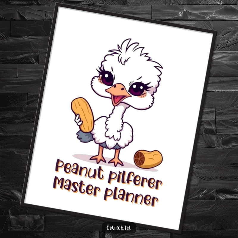 Funny Free Printable Wall Art depicting a mischievous ostrich mid-attempt to steal a peanut, bringing playful energy.