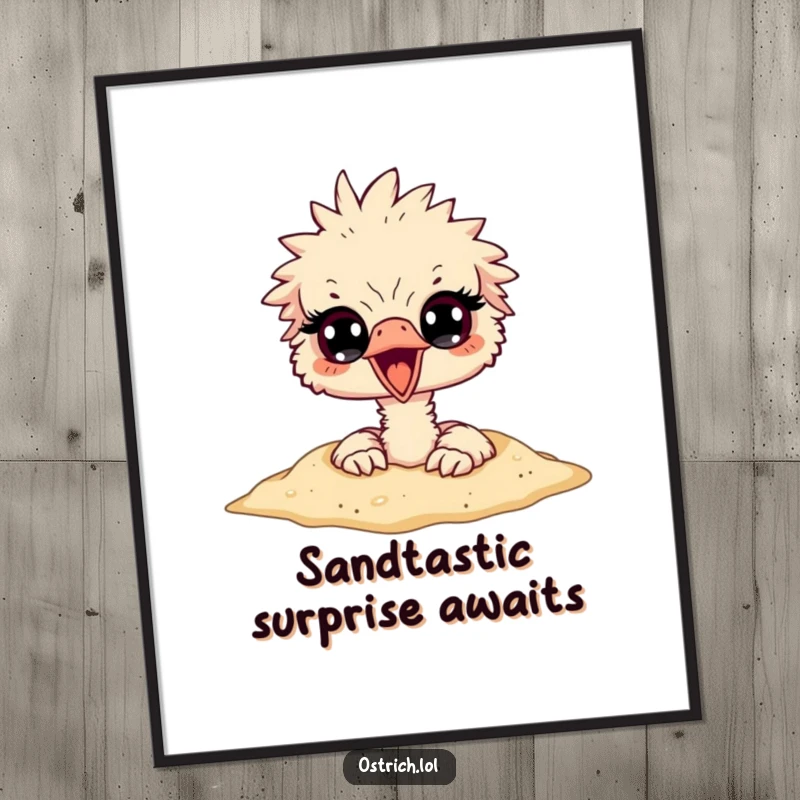 Funny Free Printable Wall Art: A surprised ostrich peeking out with wide eyes while its head is buried in sand.