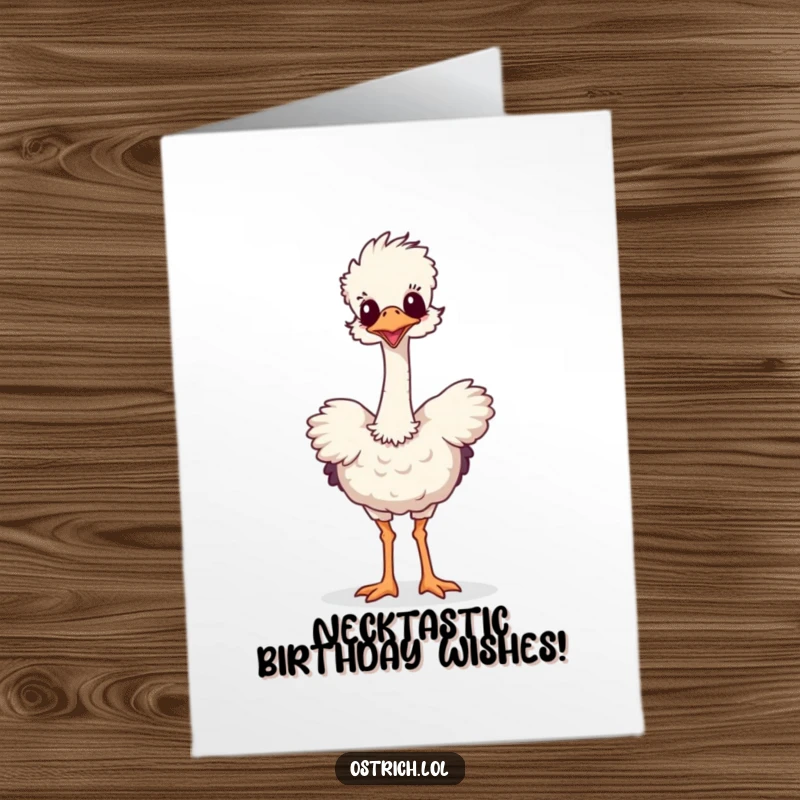 Funny Free Printable Birthday Card featuring a playful ostrich dancing wildly with its long neck stretched out.
