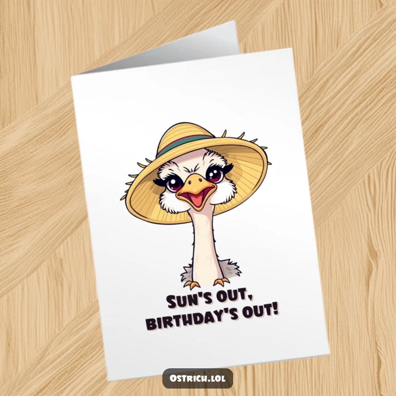 Funny Free Printable Birthday Card: Ostrich sporting a ridiculously large sun hat, squinting joyfully, celebrating.