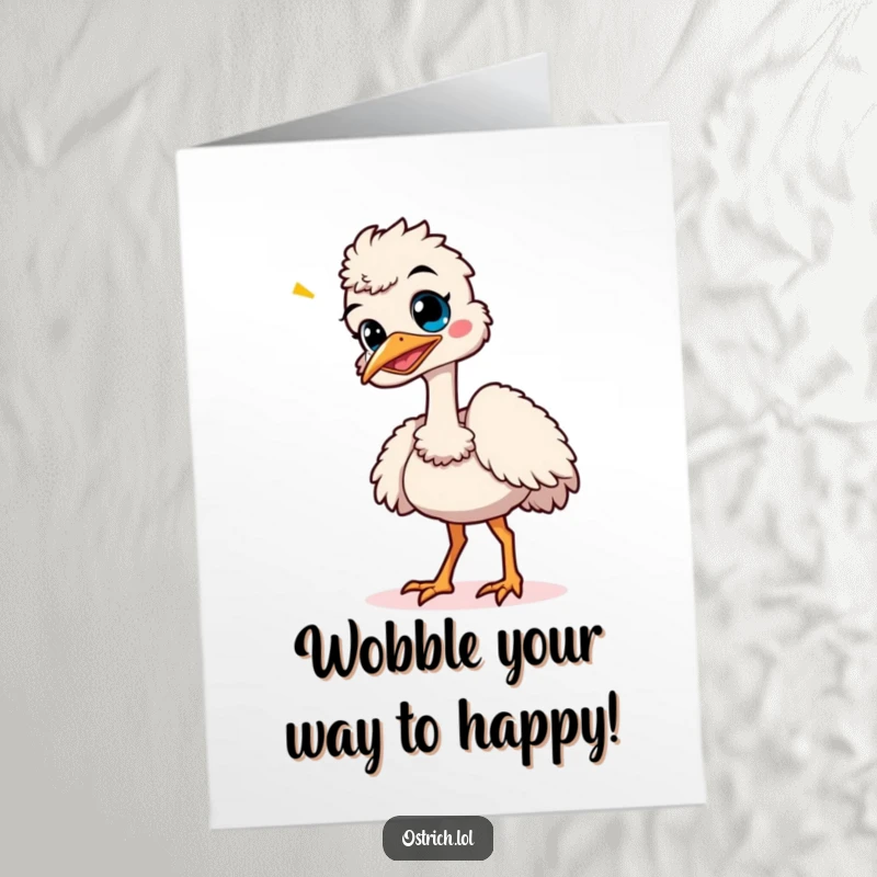 Funny Free Printable Birthday Card: A delighted ostrich doing a silly, wobbly dance with a big giggle.