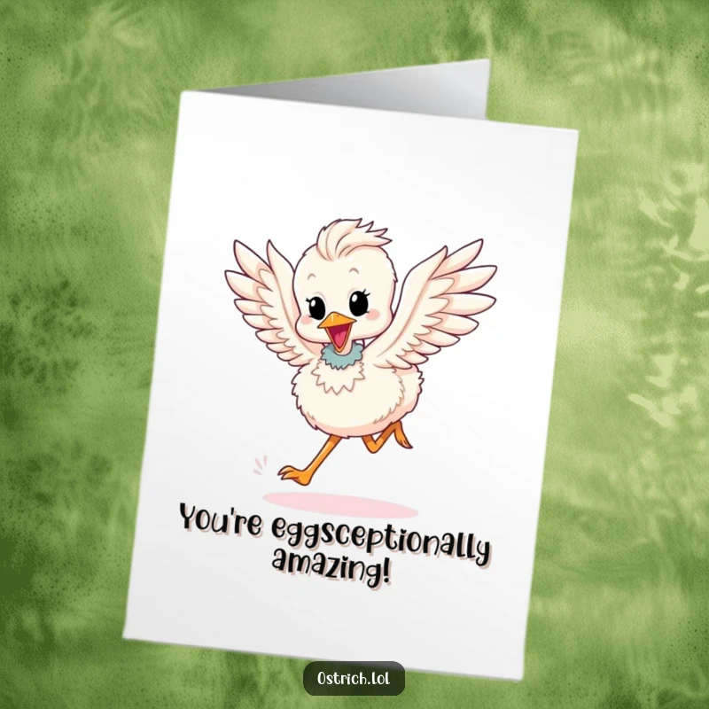 Funny Free Printable Congratulations Card: A cute ostrich chick flapping wings while running, celebrating a win.