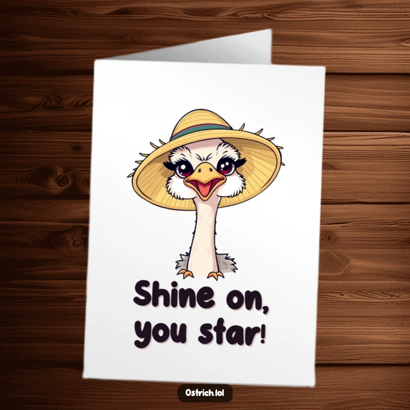 Funny Free Printable Congrats Card: Ostrich in an oversized sun hat, squinting happily, cheering for success.