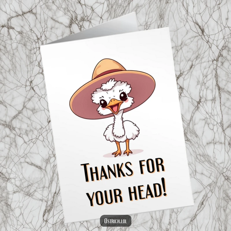 Free Printable Thank You Card: A cute ostrich joyfully peeks out from a large hat, expressing thanks with a smile.