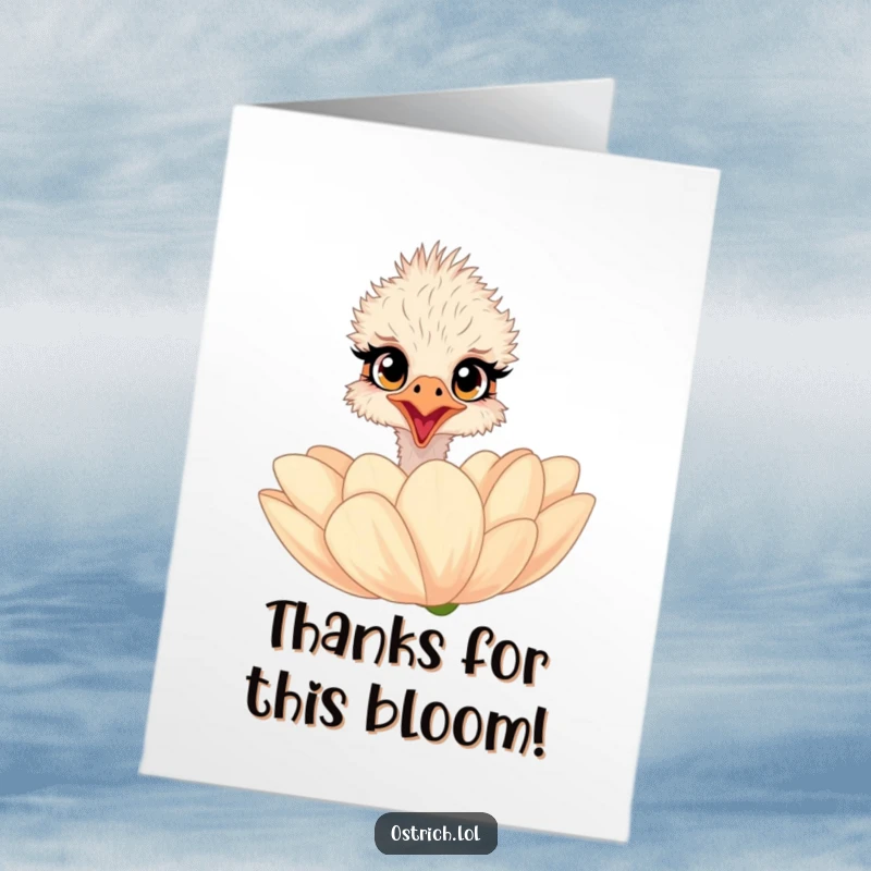 Free Printable Thank You Card: A surprised ostrich with wide eyes peeks over a giant flower, conveying thanks.