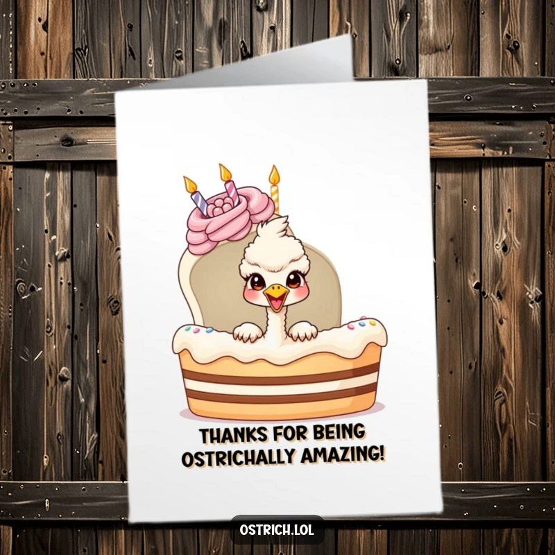 Funny free printable thank you card with an ostrich popping out of a cake, a humorous expression of gratitude.