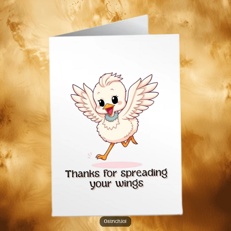Funny Free Printable Thank You Card: Cute ostrich chick running with wings flapping, conveying thanks.