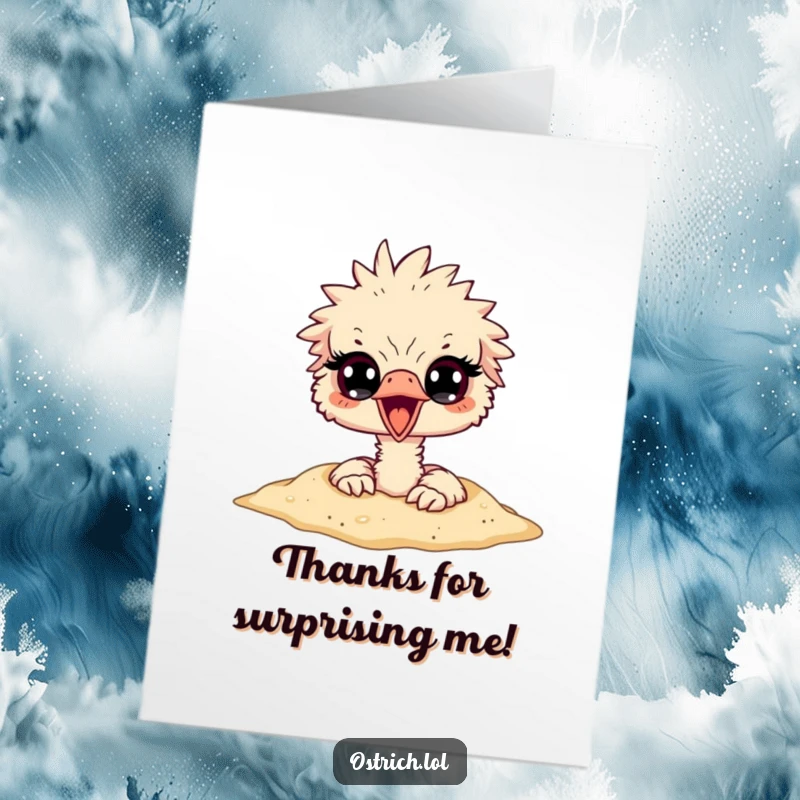 Funny Free Printable Thank You Card: An ostrich's head is in the sand, eyes peeking out, conveying a humorous thank you.
