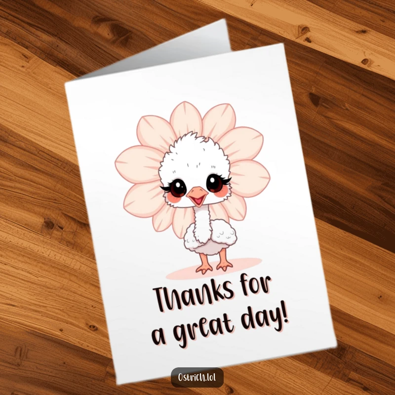 Funny Free Printable Thank You Card: Baby ostrich peeking from a huge flower, showing heartfelt thanks.