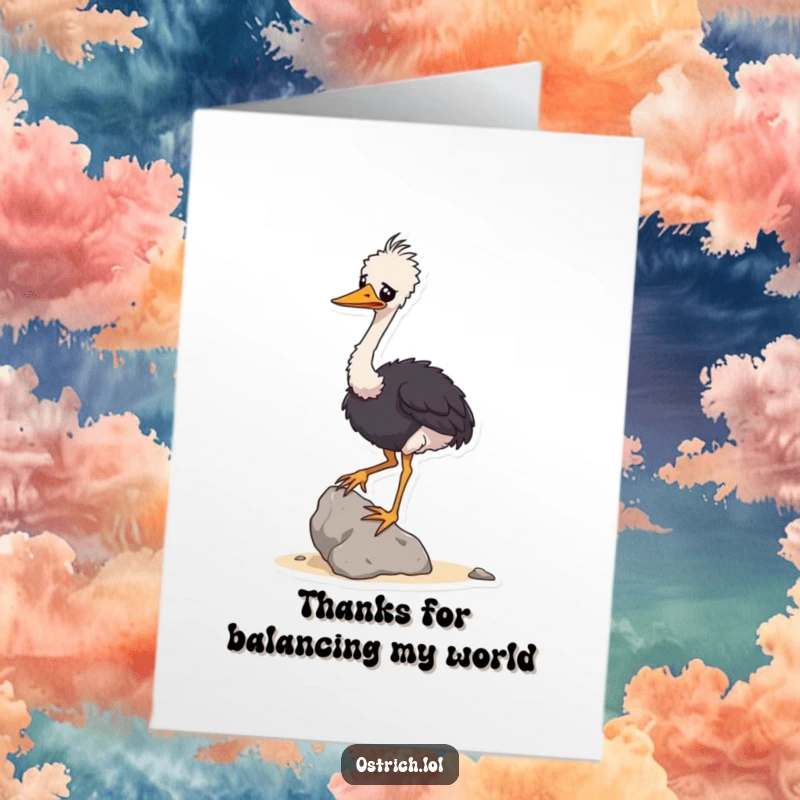 Funny Free Printable Thank You Card: Wobbly ostrich character balancing a rock, a humorous way to express thanks.