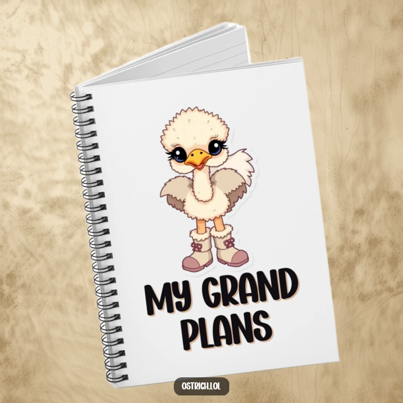 Funny notebook featuring a baby ostrich character bravely wearing oversized boots, ready to conquer any task.