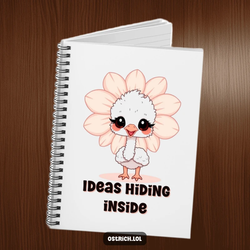 Funny baby ostrich peeking from behind a flower on a notebook cover, inspiring playful writing and creative ideas.