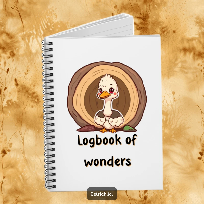 Funny cute ostrich peeking out of a hollow log on a notebook cover, inspiring curiosity and thoughtful writing.