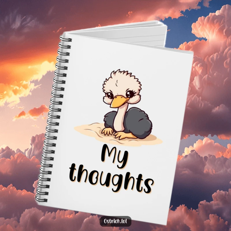 Funny notebook with an ostrich character dramatically burying its head in soft sand, perfect for jotting down humorous plans.