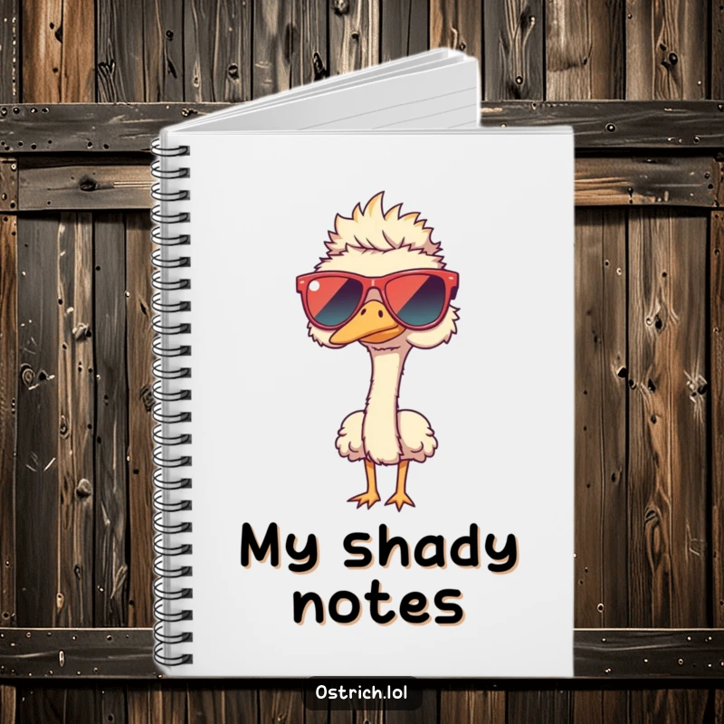 Funny ostrich wearing oversized sunglasses on a notebook, a practical and humorous funny gift.