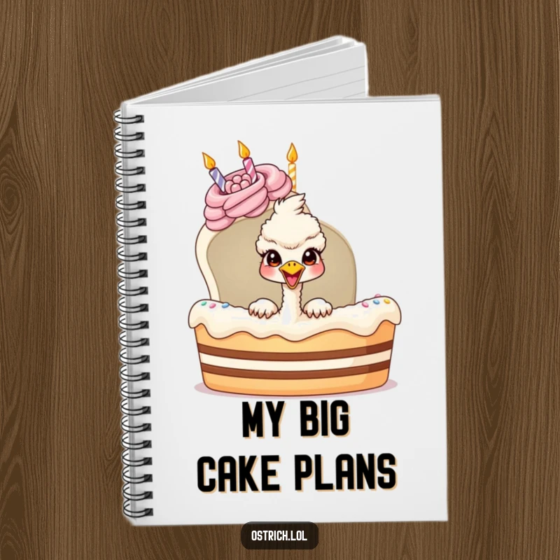 Funny ostrich peeking from a birthday cake on a notebook, a whimsical and practical funny gift.