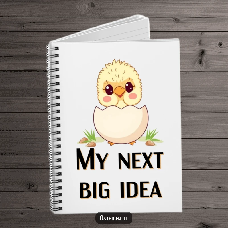 Funny, adorable ostrich chick peeking from behind a large egg, printed on the cover of a charming and humorous notebook.