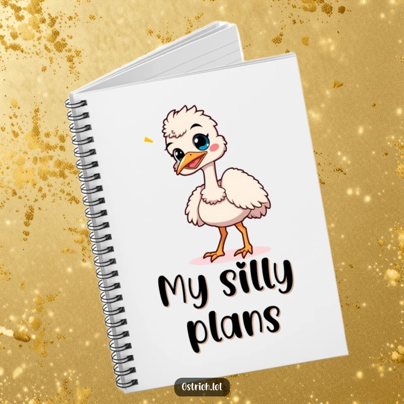 Funny ostrich giggling and dancing, printed on a humorous notebook cover, inspiring joyful note-taking.
