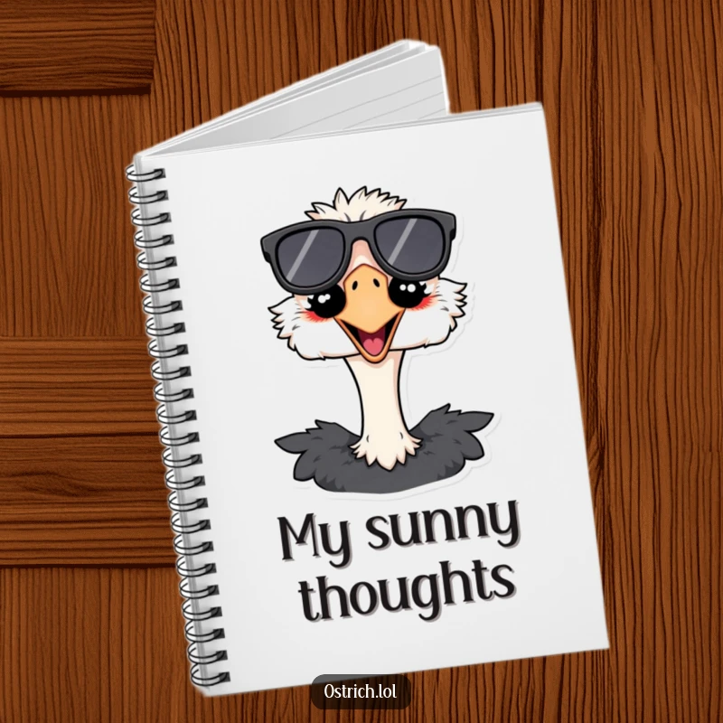 Funny ostrich notebook with a grinning bird wearing oversized sunglasses, providing a stylish and humorous cover for all your notes and ideas.