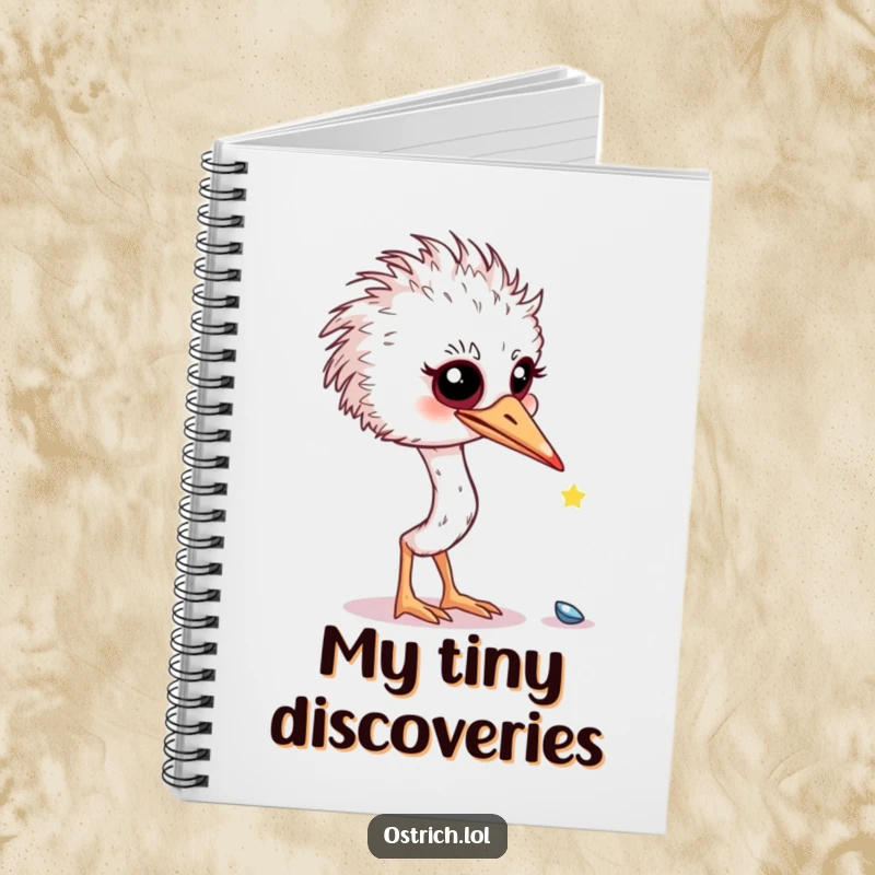 Funny curious ostrich investigating a shiny object on a notebook, a practical and humorous funny gift.