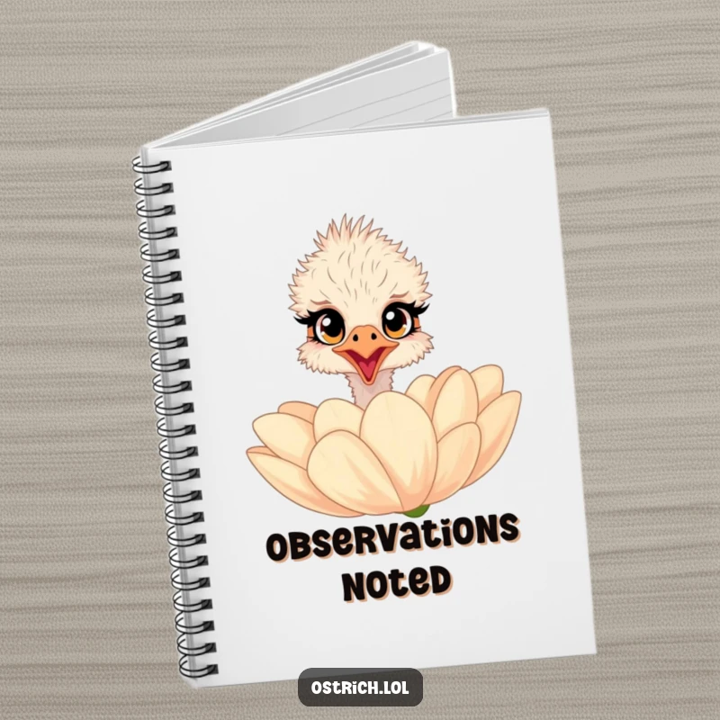 Funny ostrich notebook showing a surprised character with wide eyes peeking over a giant flower, perfect for writing notes.