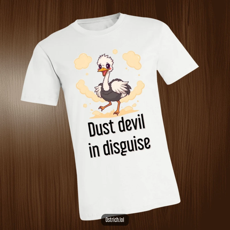 Funny ostrich character energetically kicking up dust clouds with its powerful legs, wearing a funny t-shirt, perfect for a laugh.
