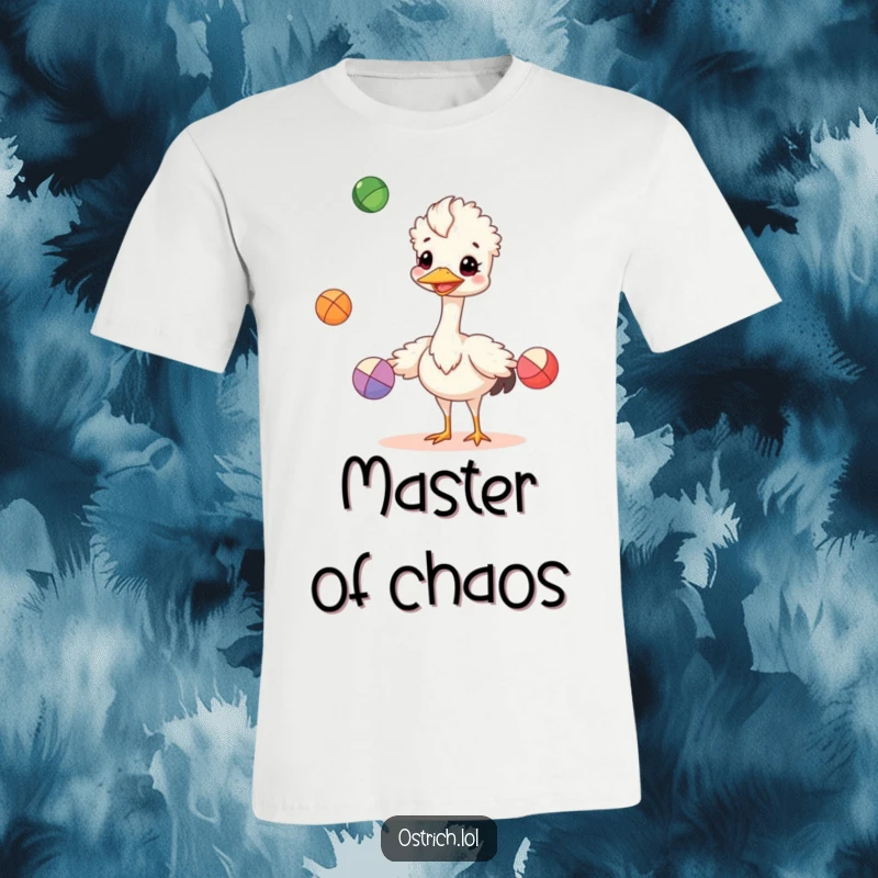Funny cheerful ostrich juggling three colorful balls on a t-shirt, a whimsical and humorous design, perfect funny gift.