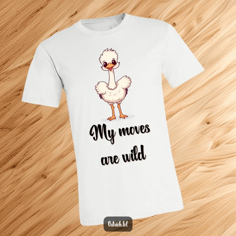 Funny t-shirt featuring a playful ostrich character with a long neck in a ridiculous, joyous dance pose. Vibrant and humorous.