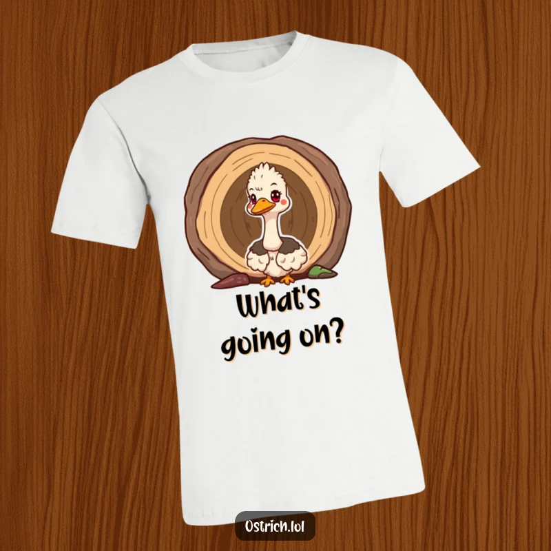 Funny cute ostrich peeking out of a hollow log on a t-shirt, showcasing a curious character with an adventurous spirit.