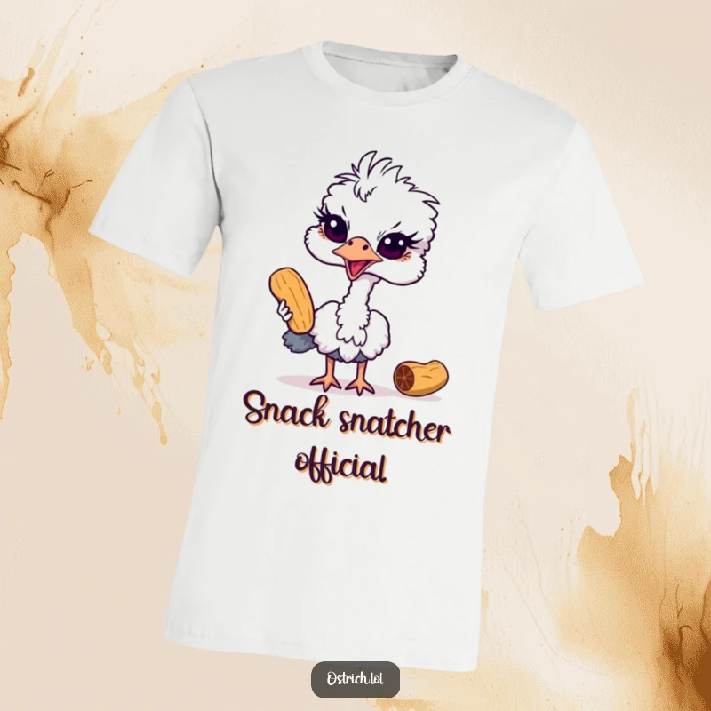 Funny ostrich t-shirt depicting a sneaky bird with a determined expression, caught in the act of trying to steal a peanut.