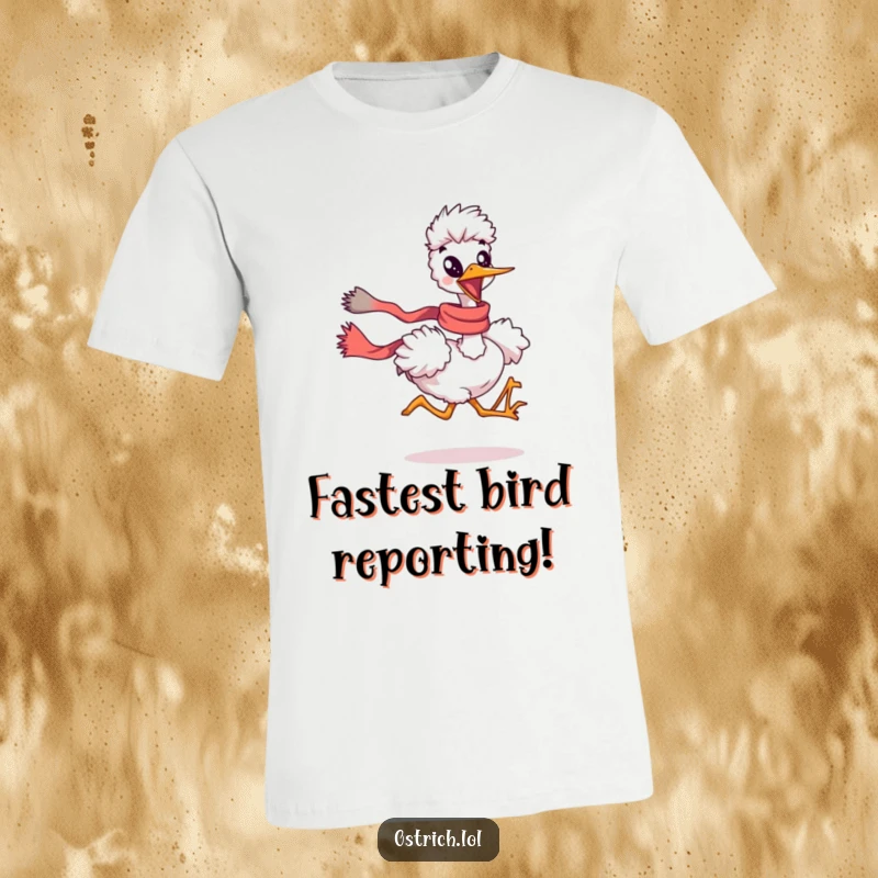 Funny ostrich running with a scarf flowing dramatically on a t-shirt, a humorous depiction of freedom and speed.