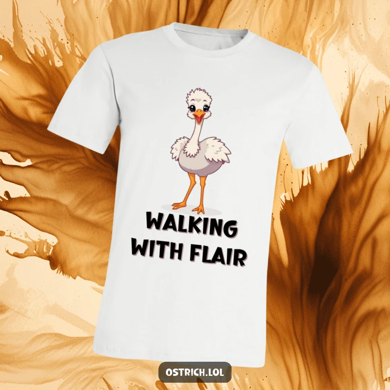 Funny Cartoon Ostrich T-Shirt, a character performing a comical and exaggerated silly strut with flair.