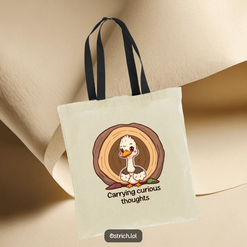Funny cute ostrich peeking out of a hollow log on a durable tote bag, a charming and useful accessory for adventurers.
