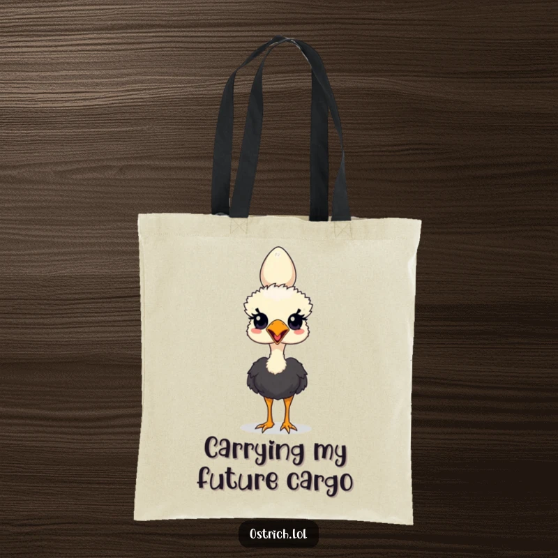 Funny tote bag featuring an ostrich character skillfully balancing an egg on its head, ready for adventure.