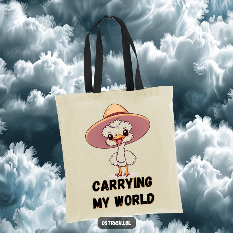 Funny ostrich tote bag featuring a cute character joyfully sticking its head out of a large hat, perfect for shoppers.